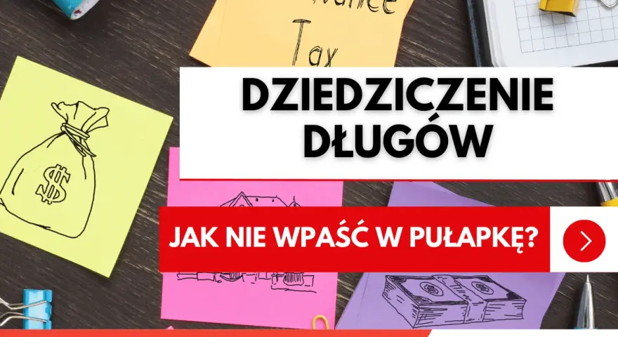 Nalepki z rysunkami worka pieniędzy, domu i stosu banknotów. Tekst: "DZIEDZICZENIE DŁUGÓW".