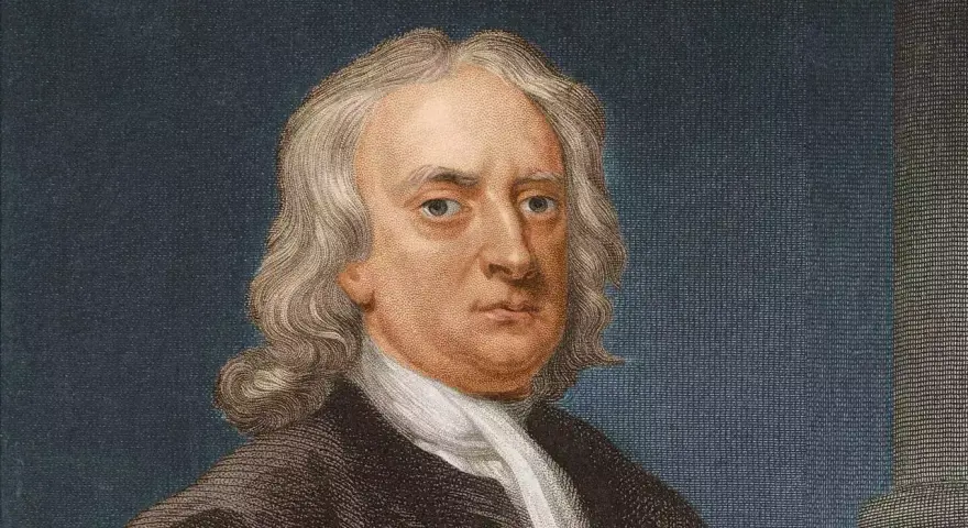 Portrait d'Isaac Newton, le génie qui a découvert la gravité. Il porte une perruque et une tenue d'époque.