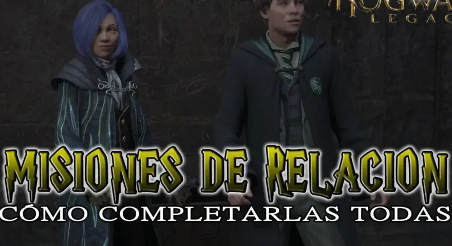 Dos estudiantes de Hogwarts Legacy, uno con pelo azul y otro con uniforme de Slytherin, posan para una guía sobre cómo completar todas las misiones secundarias de relación.