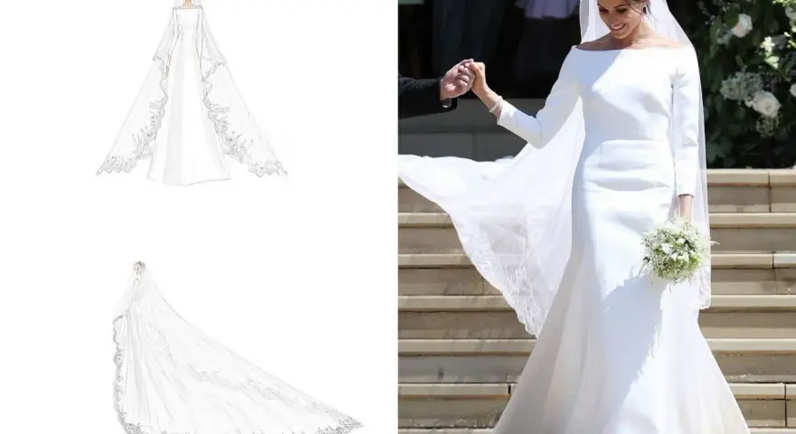 Elegancka suknia ślubna księżnej Meghan z długim welonem i koronkowymi zdobieniami.