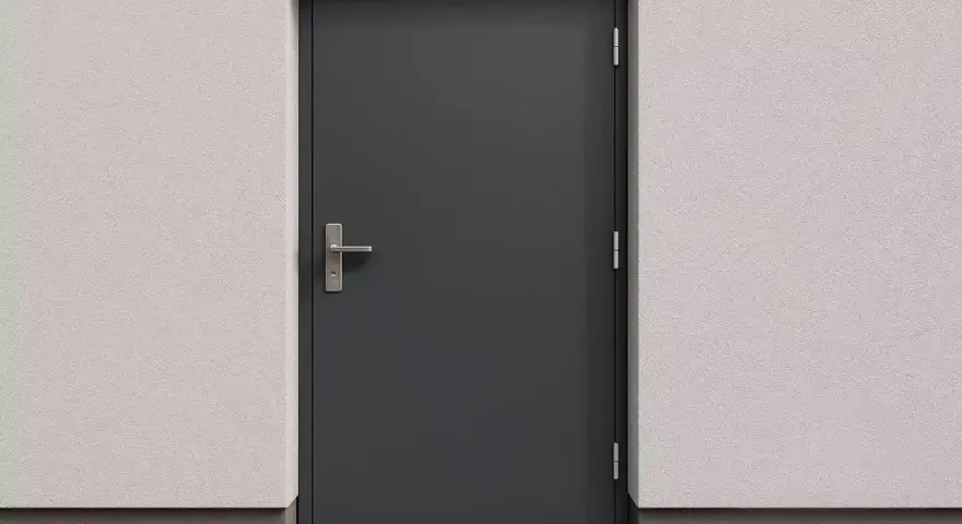 Solidne drzwi techniczne antracyt z metalowym uchwytem, osadzone w jasnej, chropowatej ścianie.