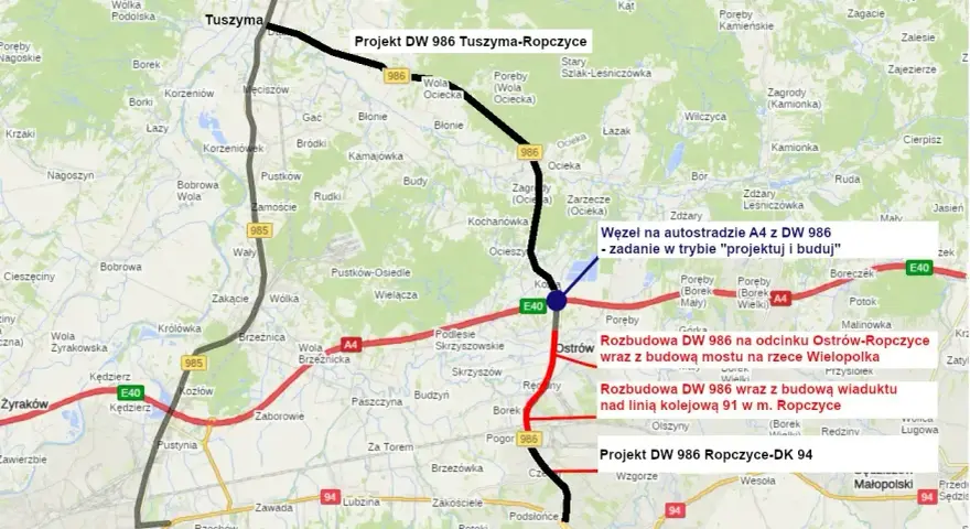 Mapa pokazuje projekt DW 986 Tuszyma-Ropczyce, rozbudowę DW 986 na odcinku Ostrów-Ropczyce i węzeł na autostradzie A4.