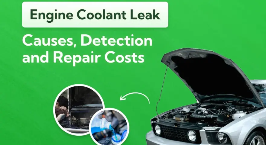A silver car with its hood open, illustrating an engine coolant leak. The image shows causes, detection, and repair costs.
