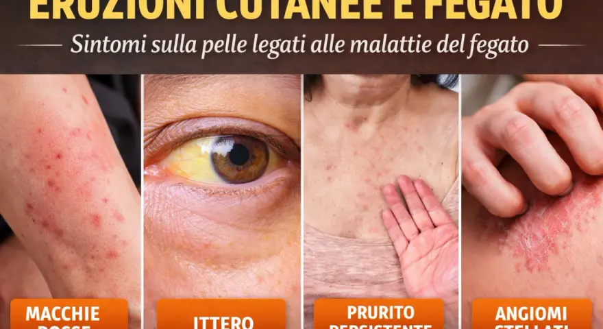 Eruzioni cutanee e ittero: la pelle mostra macchie rosse, una protuberanza cutanea pruriginosa e angiomi stellati, sintomi legati a malattie del fegato.