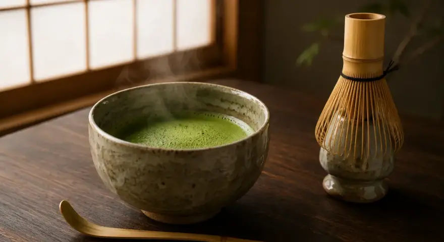 Parzona zielona herbata matcha w ceramicznej miseczce, obok bambusowa miotełka i łopatka.