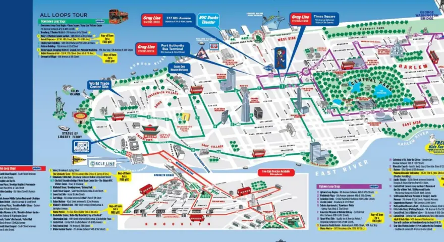 Mapa turystyczna Nowego Jorku pokazuje, w jakim stanie jest miasto, z zaznaczonymi atrakcjami i trasami autobusów.
