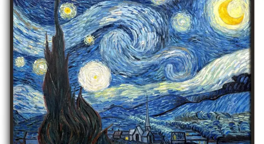 Nuit étoilée, chef-d'œuvre des artistes impressionnisme. Un cyprès sombre domine un village sous un ciel tourbillonnant de lune et d'étoiles.