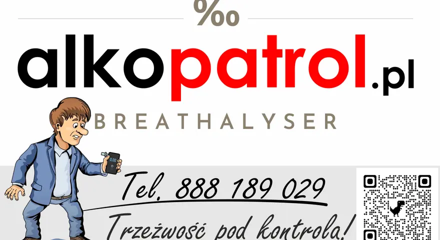 Ilustracja mężczyzny z alkomatem i logo "alkopatrol.pl".