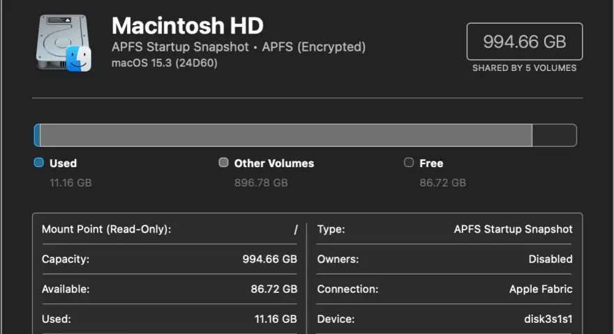 Skivverktyget visar en krypterad hårddisk, Macintosh HD, med 11.16 GB använd.