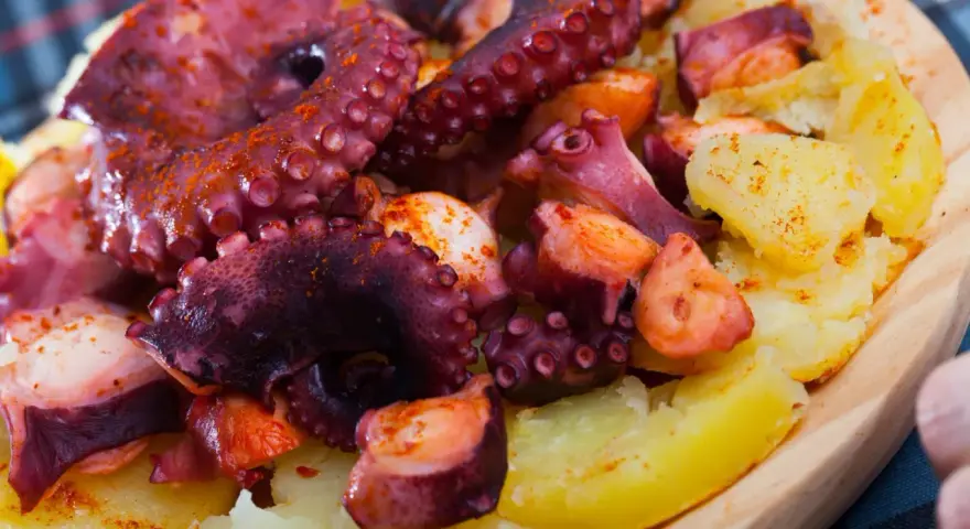 Pulpo cocido con patatas y pimentón, un plato gallego delicioso.