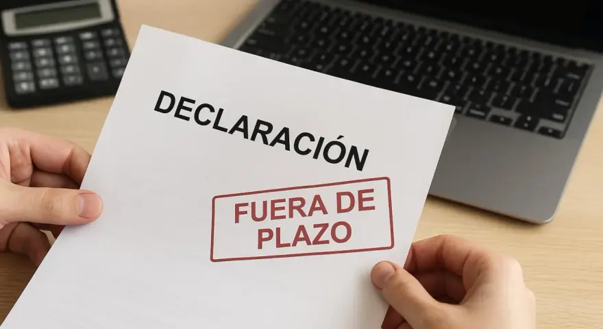 Manos sostienen un documento de "DECLARACIÓN" con un sello rojo que dice "FUERA DE PLAZO". Detrás, una calculadora y un portátil. Pregúntate: ¿qué pasa si no hago la declaración de la renta?