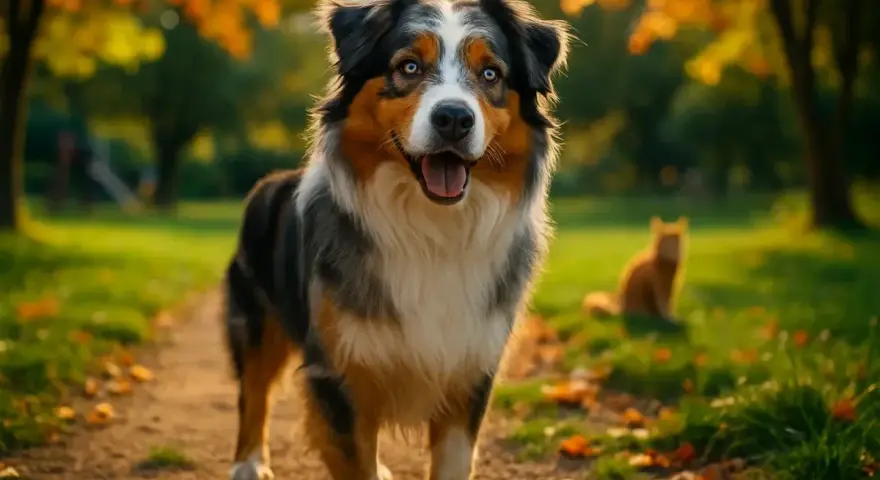 Un magnifique berger australien aux yeux bleus, souriant dans un parc d'automne. Un chat roux est visible en arrière-plan.