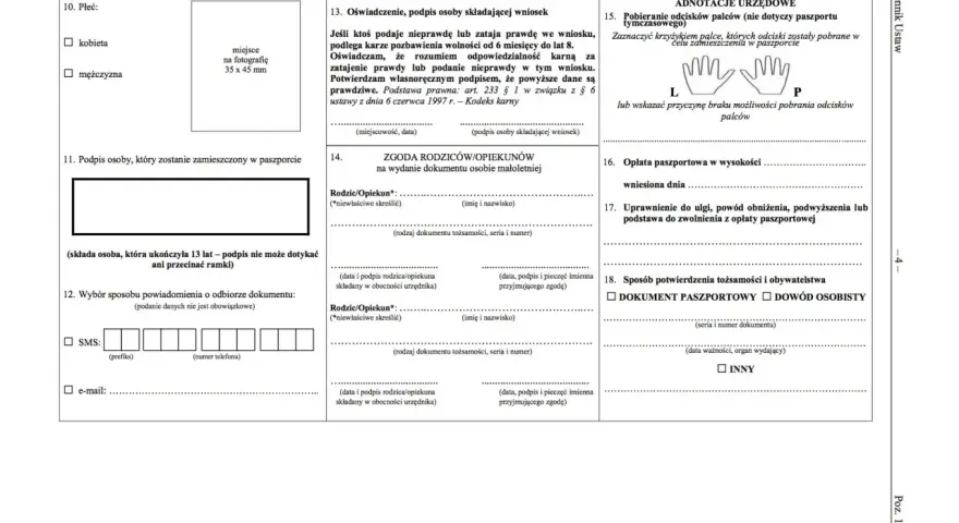 Formularz wniosku o paszport, zawiera sekcje dotyczące danych osobowych, zgody rodziców i adnotacji urzędowych.