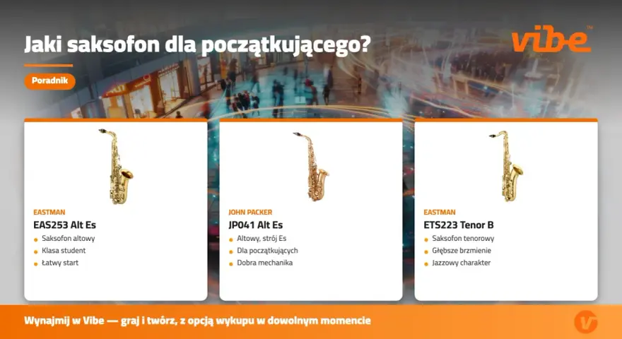 Poradnik prezentuje różne rodzaje saksofonów: altowy EAS253, altowy JP041 i tenorowy ETS223, idealne dla początkujących.