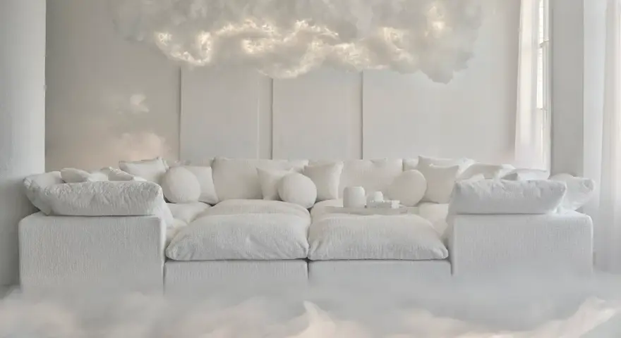 Sofá blanco y mullido con cojines, bajo una nube luminosa que evoca un **cloud dancer color** etéreo.