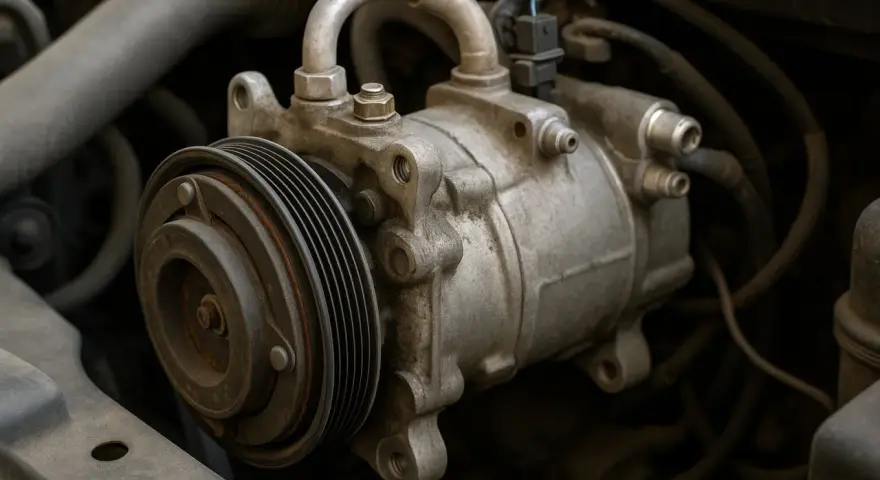 Detailaufnahme eines Auto-Klimakompressors. Die Klimaanlage im Auto funktioniert nicht, was auf ein Problem mit diesem Teil hindeuten könnte.