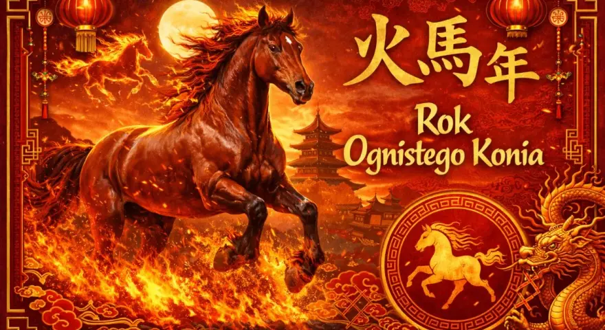 Ognisty koń galopuje przez płomienie, zapowiadając chiński rok 2026. Smok i pagody dopełniają scenę.