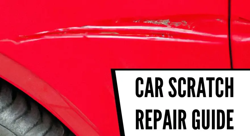 A deep scratch mars the bright red paint of a car door. Text overlay reads "CAR SCRATCH REPAIR GUIDE.