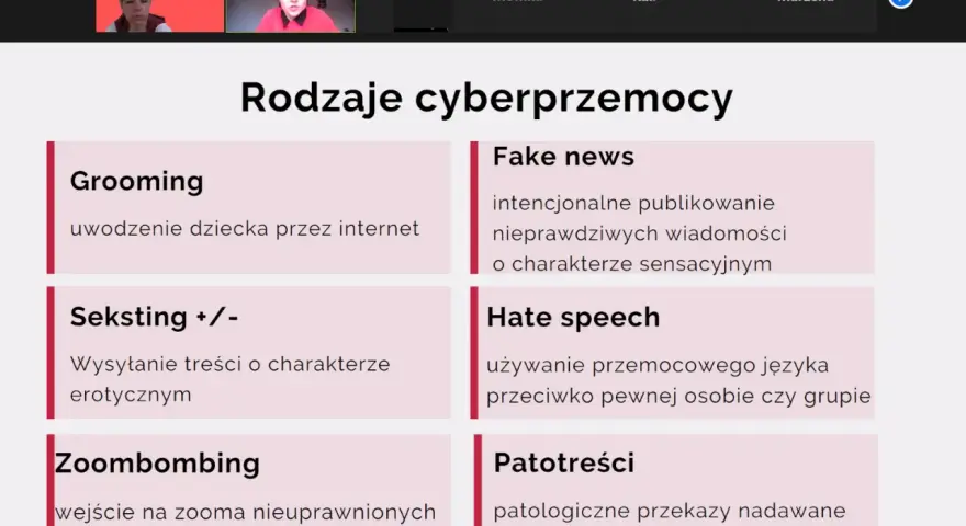 Cyberprzemoc co to? Na ekranie rodzaje cyberprzemocy: grooming, seksting, zoombombing, fake news, hate speech, patotreści.