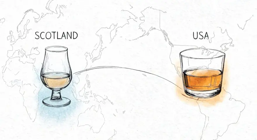 Szkocka whisky w kieliszku i amerykańska w szklance na tle mapy świata. Różne rodzaje whisky, różne kontynenty.