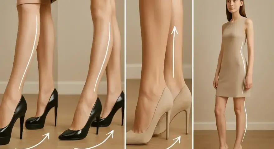 Eleganckie obcasy podkreślają linię nóg. Modelka w beżowej sukience prezentuje smukłą sylwetkę.