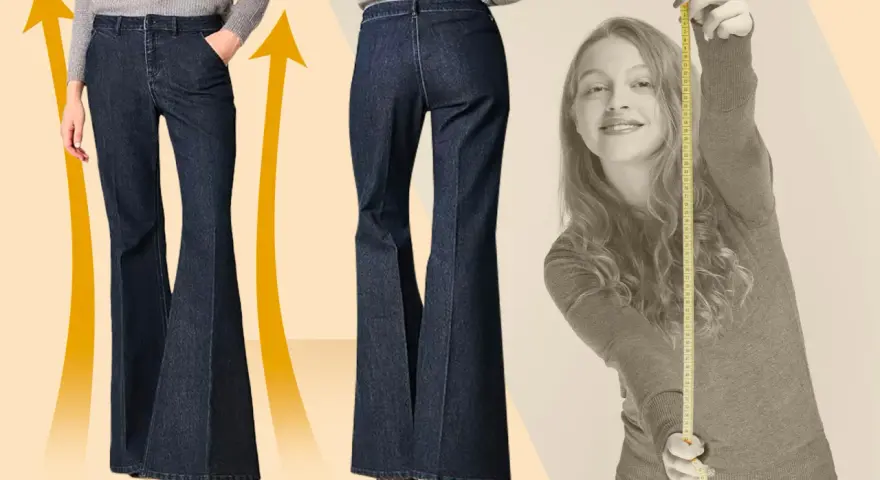 Pantaloni che slanciano, con un taglio a zampa d'elefante che allunga la figura. Una ragazza misura la sua altezza con un metro.