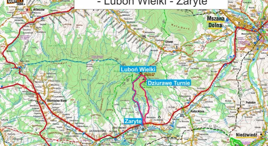 Mapa szlaku turystycznego Zaryte - Dziurawe Turnie - Luboń Wielki. Widoczne szczyty, doliny, rzeki i miejscowości.