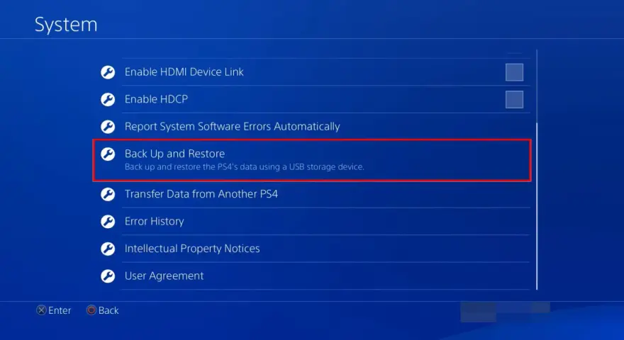Menu System na PS4. Opcja "Kopia zapasowa i przywracanie" jest podświetlona, co może pomóc w rozwiązaniu problemu, jak zwolnić miejsce na PS4.