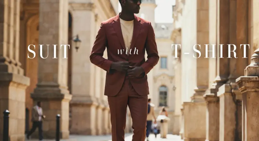 Uomo con abbinamento giacca t-shirt, un look moderno ed elegante per le strade della città.