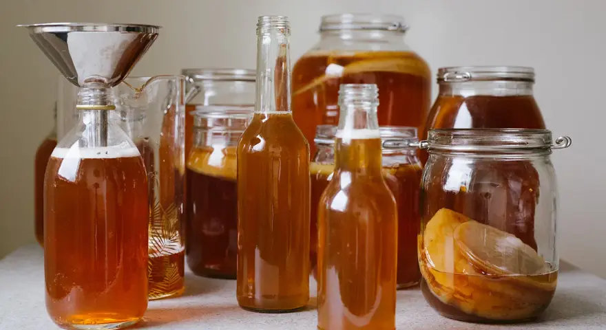 Flera flaskor och burkar med gyllene kombucha, redo för andra jäsningen. Ett perfekt kombucha recept för hemmabruk.