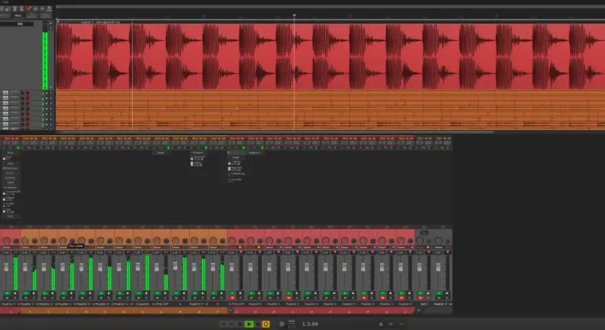 Program do produkcji muzyki z falami dźwiękowymi i suwakami miksera, sugerujący mroczne, **reaper themes**.