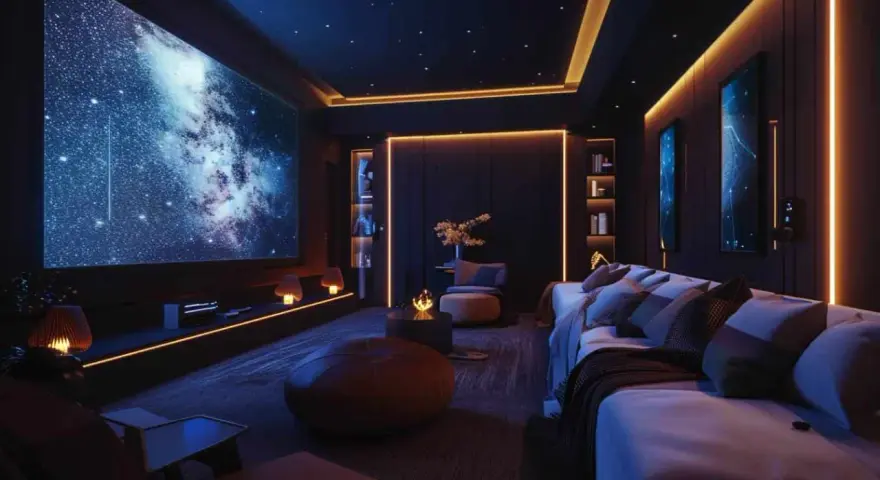 Sala cinema immersiva con schermo gigante, divani comodi e luci soffuse che creano un'atmosfera stellare.