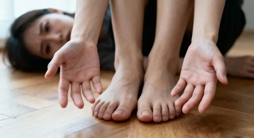 Femme aux mains tendues et pieds nus sur un parquet. Ses ongles semblent fragiles, peut-être un signe de carence en vitamine B12.