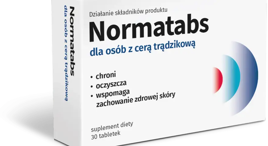 Opakowanie suplementu diety Normatabs dla osób z cerą trądzikową. Wspomaga zachowanie zdrowej skóry.