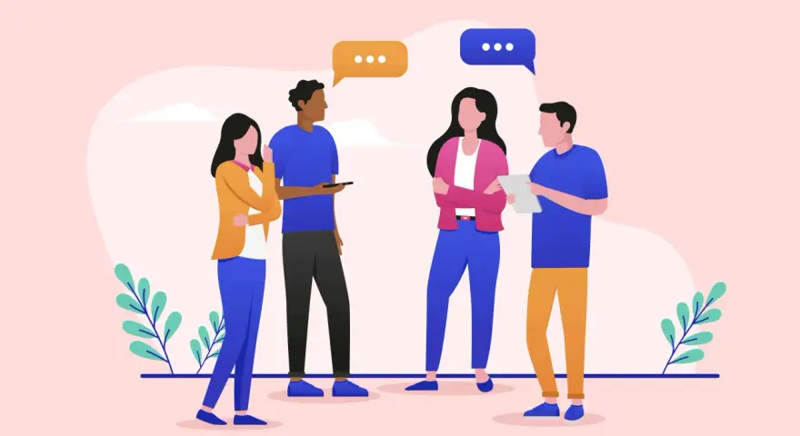 Gruppo di persone impegnate in una vivace comunicazione tra colleghi di lavoro, con fumetti che indicano lo scambio di idee.