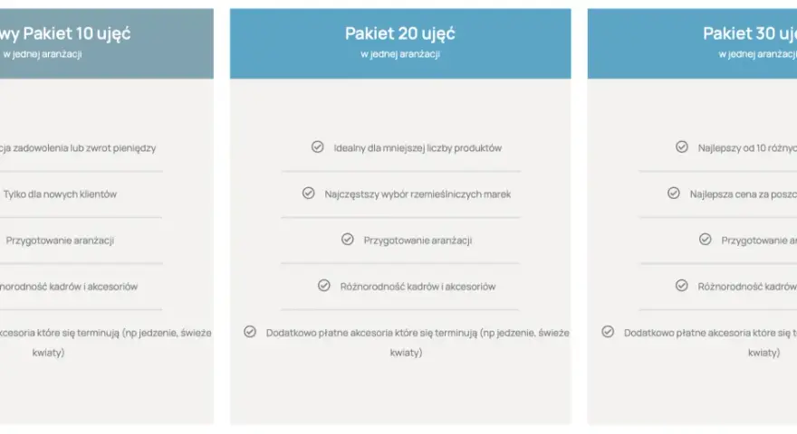 Porównanie pakietów zdjęciowych: 10, 20 i 30 ujęć. Sprawdź nasz packshot cennik i wybierz najlepszą opcję dla siebie.