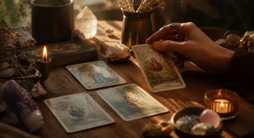 Dłoń trzyma kartę Tarota, a obok leżą inne karty, świeca i kryształy. Poznaj wieża tarot znaczenie.