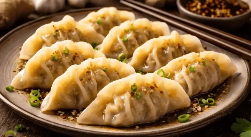 En tallrik med åtta gyllene dumplings, toppade med grön lök och sesamfrön. Perfekt för ett dumplings recept!