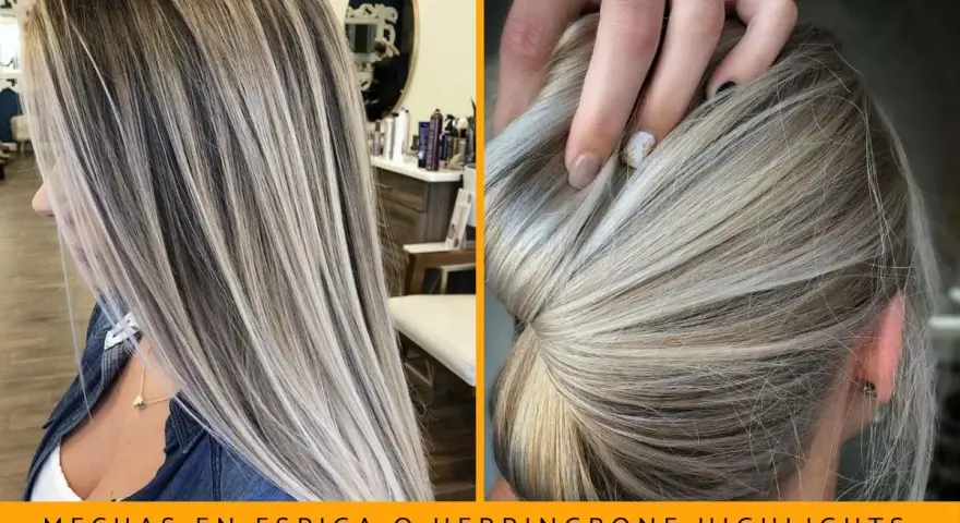 Pelo rubio con mechas plateadas y oscuras, creando un efecto de pelo con canas y mechas que disimula las canas.
