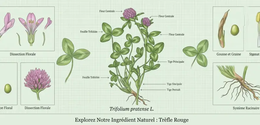 Botanische Darstellung von Rotklee (Trifolium pratense L.) mit Blüten, Blättern, Wurzeln und Samen. Entdecken Sie die rotklee heilwirkung.