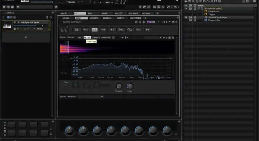 HALion 7 zeigt die Benutzeroberfläche eines Synthesizers mit einem Spektraloszillator und Filter.