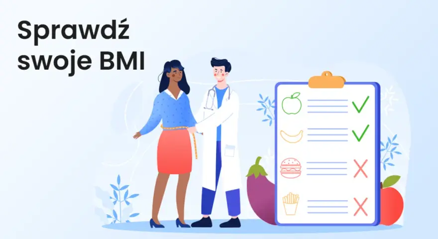 Lekarz mierzy kobietę taśmą, by sprawdzić co to jest BMI. Obok lista z zaleceniami żywieniowymi.