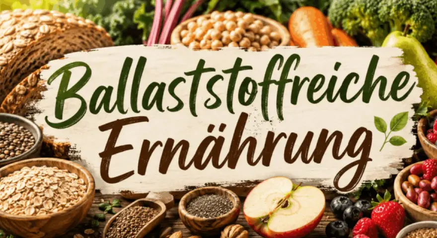 Brot, Haferflocken, Linsen, Beeren und Obst: Eine bunte Vielfalt an ballaststoffreichen Lebensmitteln für eine gesunde Ernährung.