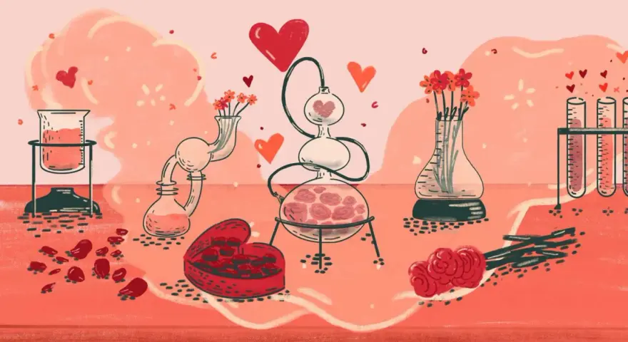 A laboratory setup with beakers, flasks, and test tubes filled with red liquid and flowers, symbolizing the creation of genuine connection.