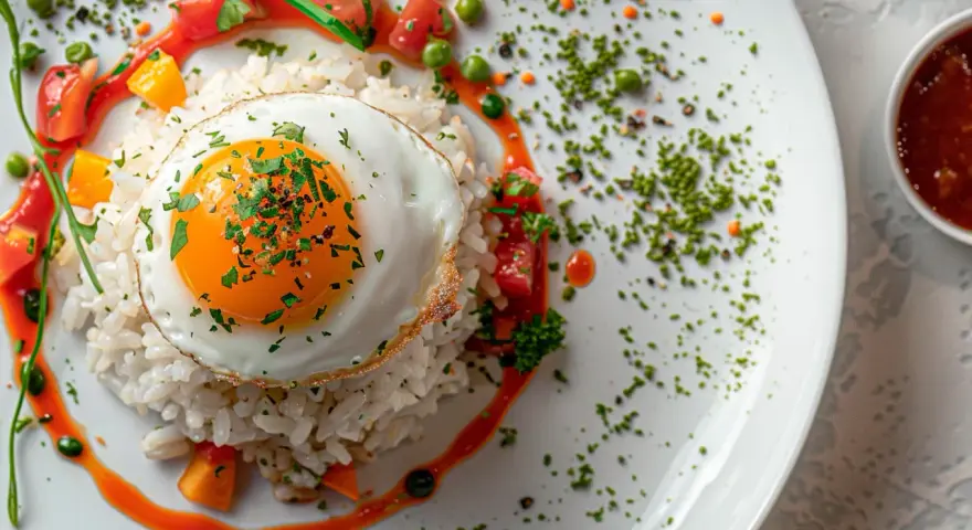 Arroz a la cubana con huevo frito, tomate, guisantes y salsa.