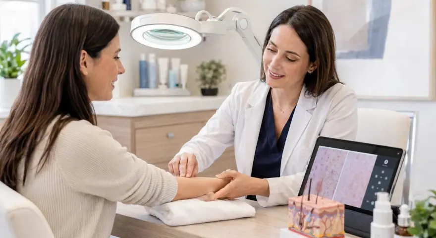 Dermatolog, kto to? Lekarka bada skórę pacjentki, analizując ją na tablecie i modelu anatomicznym.