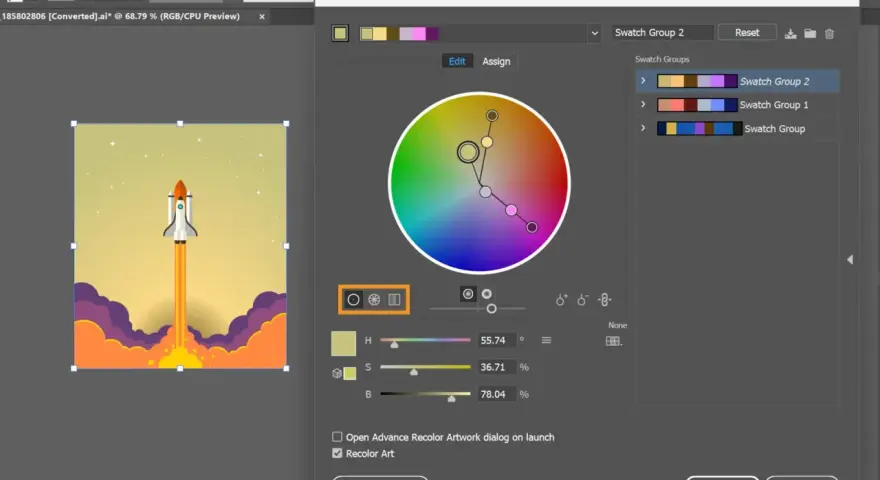 Panel "Recolor Artwork" w Adobe z kołem kolorów, rakietą kosmiczną i opcjami zmiany barw.