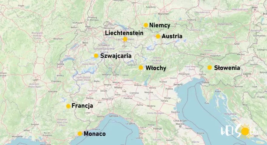 Gdzie są Alpy? Mapa pokazuje Alpy w Szwajcarii, Liechtensteinie, Austrii, Włoszech i Słowenii.