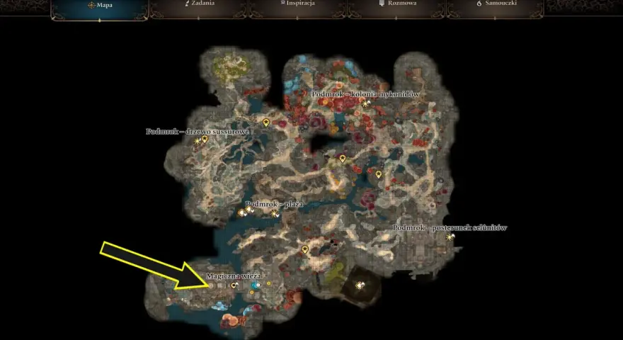Mapa BG3: Podmrok, z zaznaczoną Magiczna wieża. Wskazuje drogę do tajemniczej wieży.