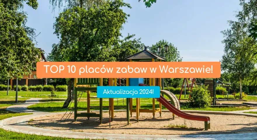Kolorowy plac zabaw z piaskownicą i zjeżdżalnią, otoczony zielenią.